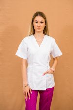 Bluza Medicala stil Kimono cu 2 buzunare laterale - alb