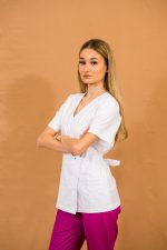 Bluza Medicala stil Kimono cu 2 buzunare laterale - alb - imagine 2